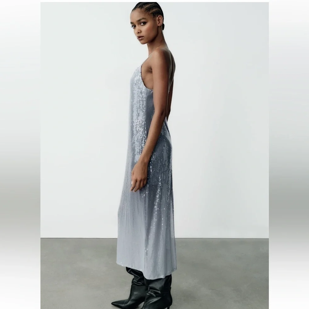 Zara NWT sequin midi dress silver - Picture 9 of 11